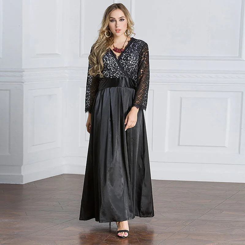 Европейский бренд, большие размеры, женские, 3XL, 4XL, 5XL, 6XL, 7XL, кружевные вышитые рукава три четверти, черные платья для клуба, XL-6XL, CM6016