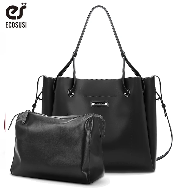 

ECOSUSI 2 Pcs/Set Women Big Handbag PU Leather Female Tote Travel Bags Ladies Messenger Bag New Shoulder Bag 2019 New