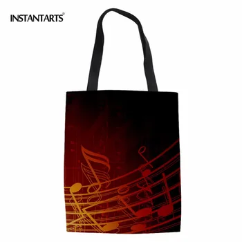 

INSTANTARTS Women Casual Shopping Portable Eco-friendly Canvas Cotton Handbags Music Notes with Piano Keyboard Pattern Tote Bag