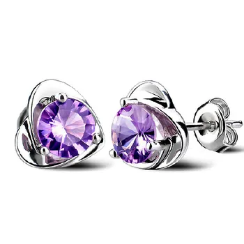 

TJP Top Quality Female 925 Silver Earrings Jewelry New Fashion Women Crystal Purple Stud Earrings Accessories Girl Lady Bijou