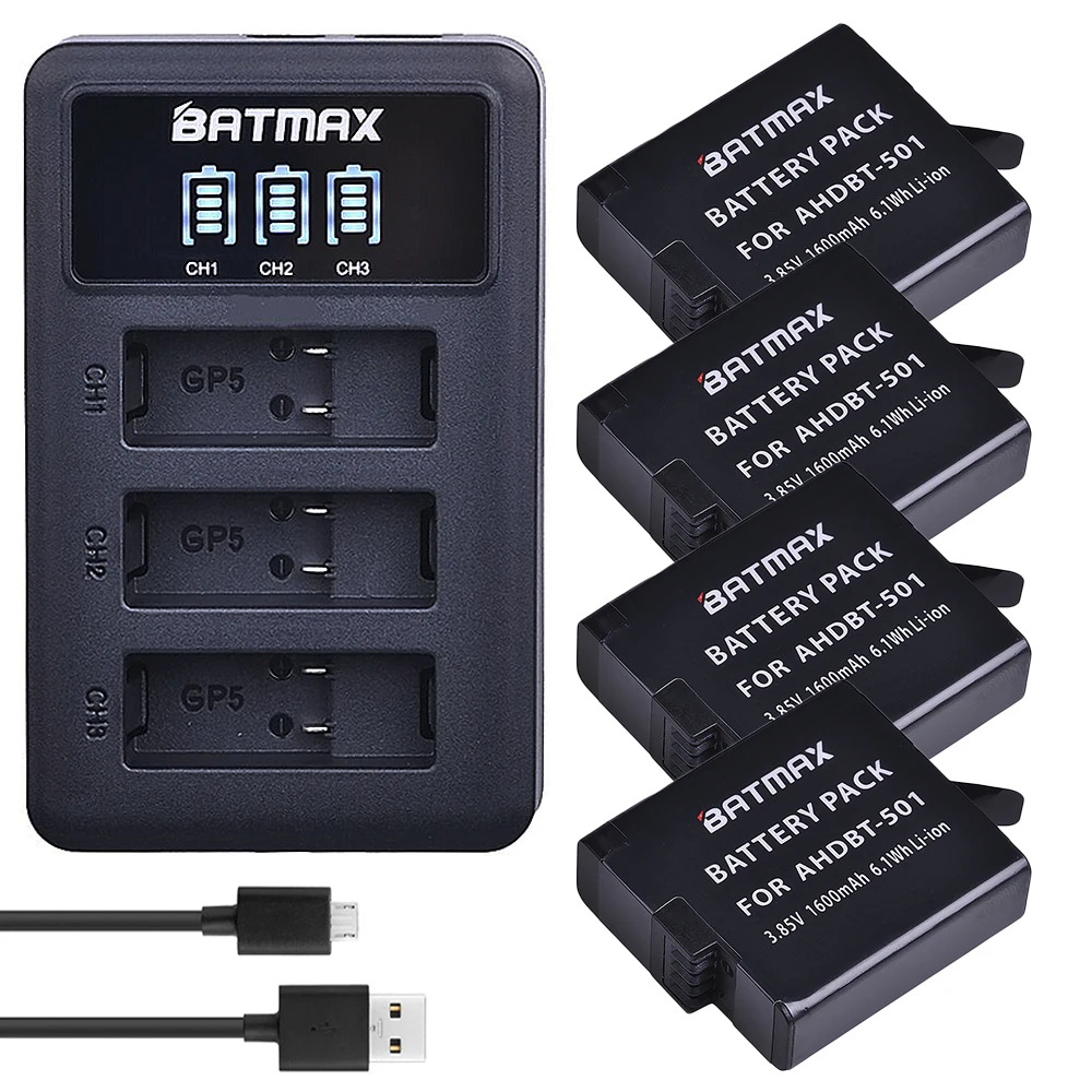 

Batmax 4PCS AHDBT-501 Battery + LED Display 3-Channel USB Charger with Type-C Port for GoPro5 Hero5 GoPro6 Hero6 Action Cameras
