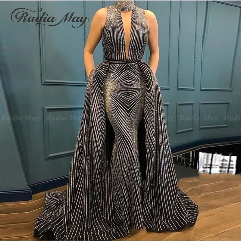 

Sparkly Sequin Black Mermaid Arabic Evening Dress with Detachable Train High Neck Keyhole Abaya Dubai Kaftan Formal Prom Dresses