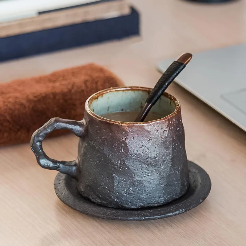 290ml Vintage Coffee Cup with Saucer Set Coarse Pottery Drinkware Home