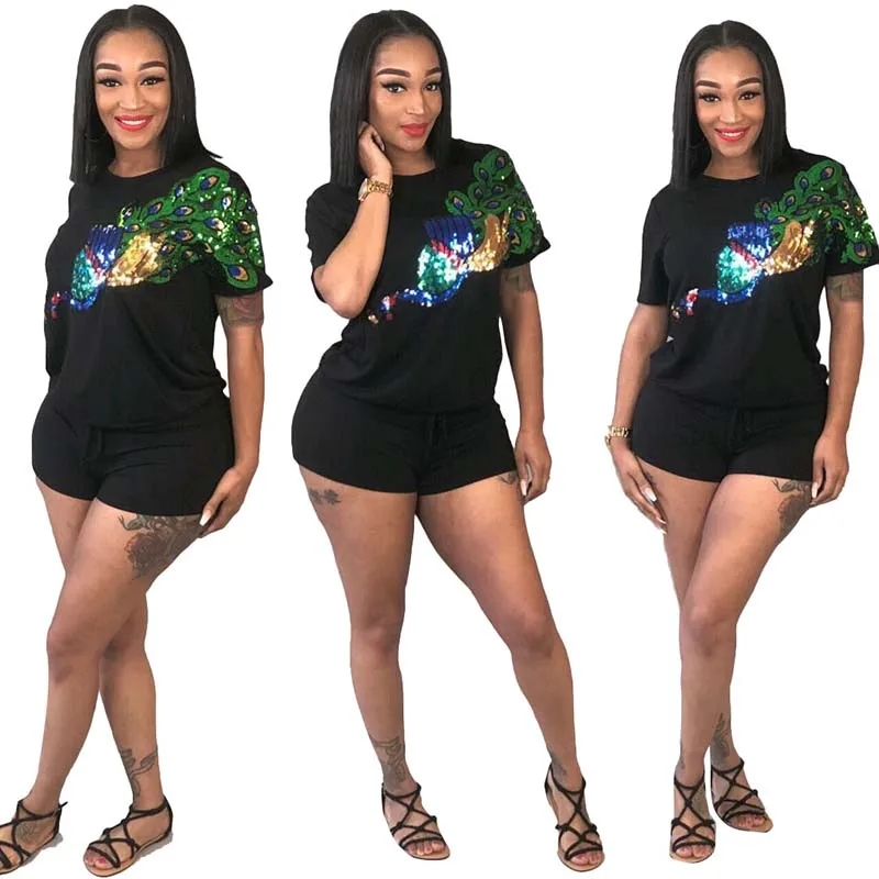 

Fashion Casual Two Pieces Set Summer Short Sleeves Short Pants O-Neck Peacock Sequins Stitching Leisure Black Red Gray Green