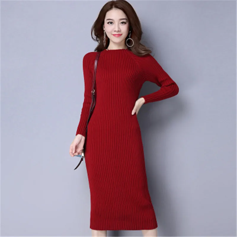 Новинка, женский осенне-зимний свитер, вязаные платья, тонкая эластичная Водолазка с длинным рукавом, сексуальные женские облегающие платья, Vestidos C20 - Цвет: red wine Low collar