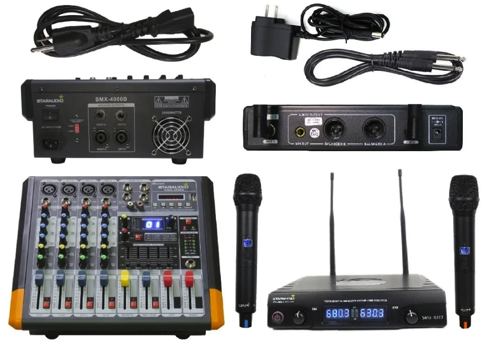 

STARAUDIO 4 Channel Powered Audio Amplifier Mixer Mixing Console W/ 2CH UHF Wireless Mic System SMX-4000B