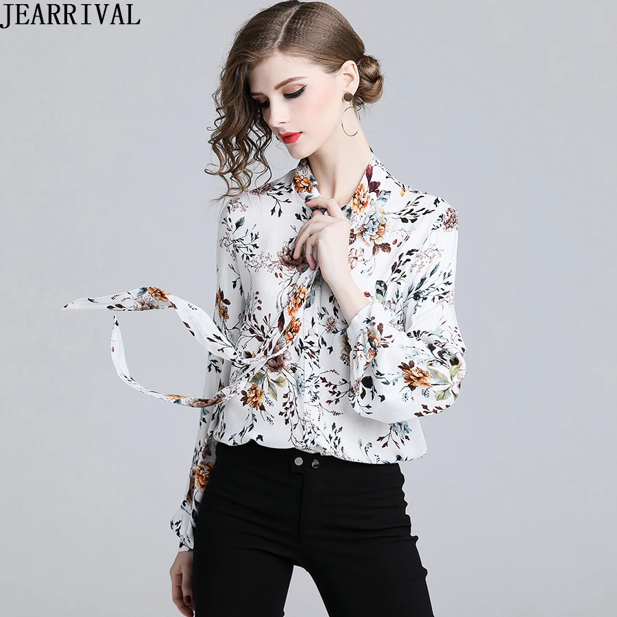 2019 New Spring Floral Tops Long Sleeve Bow Collar Fashion