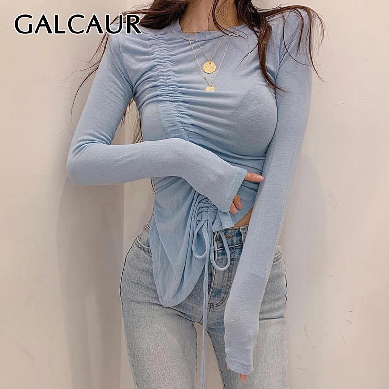 Online GALCAUR elegante camiseta sólida para mujeres manga larga con cuello redondo cordón asimétrico camisetas moda femenina verano 2019 nuevo
