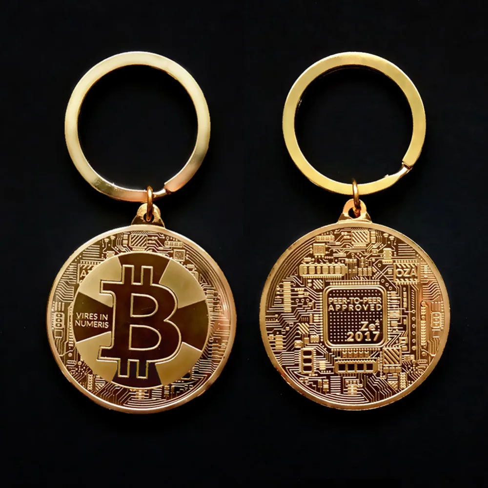 Gold Plated Bitcoin Coin Key Chain BTC Coin Art Collection Gold Silver Rose Gold Color Bit Coin Design Key Ring Nice Gift