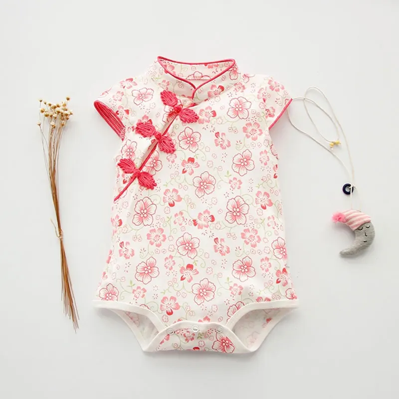 

Baby Girl Summer Flower Cotton Triangle Cheongsam Rompers For Newborns Fashion Toddler Outfit Sport Jumpsuit Infant Clothes set