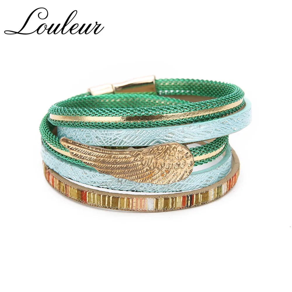 

Louleur 6 Colors Bohemian Multilayer Leather Bracelet Women Gold Wing Shiny Link Chain Magnetic Clasp Bracelets Bangles Girls