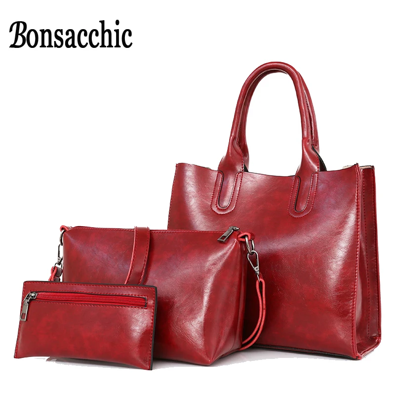 Bonsacchic 3 pcs الأعلى مقبض حقائب جلدية حقيبة يد نسائية مجموعة الأحمر يد للنساء Crossbody حقيبة حقائب سيدات مخلب محفظة