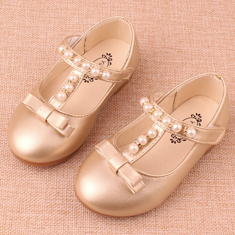 Princess Gold Leather Children's Shoes New Arrival Girl Shoes Pearls