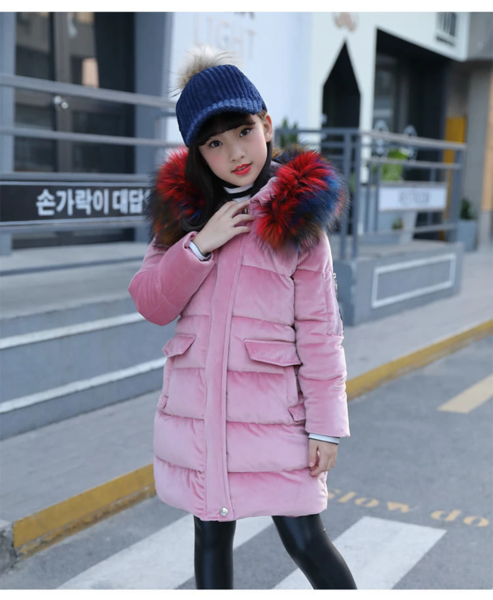 Детский пуховик 2019 г., детская зимняя куртка для девочек, пальто русская Корейская парка бархатная Подростковая верхняя одежда с меховым