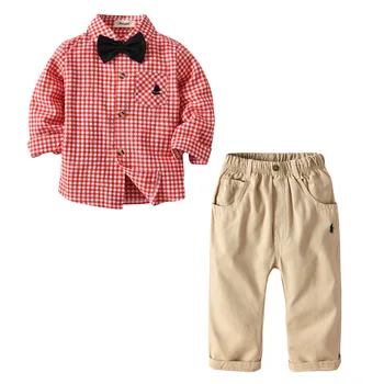 

Baby Boys Back To School Outfit Western Fashion Prince Outfits Plaid Red Color Shirts Overalls 2pcs Sets Lovely Kids Clothes