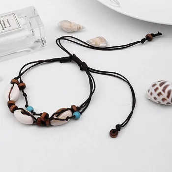 

Boho Natural Sea Shell Stone Anklets For Women Wood Bead Seashell Ankle Bracelet On Leg Foot Chain Wax Rope Anklet Beach Jewel