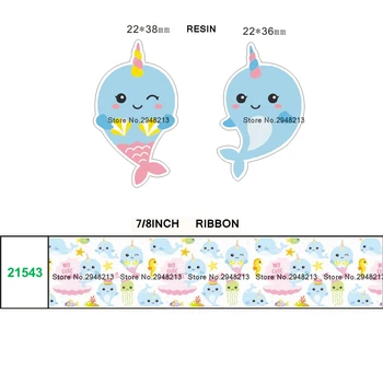 

printed cartoon unicorn whale grosgrain ribbon and resin sets 7/8inch 50yard ribbon and 50pcs resin 1sets REB388