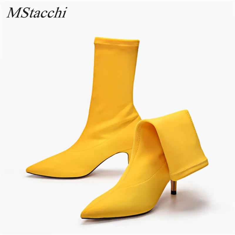 

Mstacchi Spring New Women Sock Boots Pointed Toe Elastic High Boots Slip On High Heel Ankle Boots Women Pumps Stiletto Botas