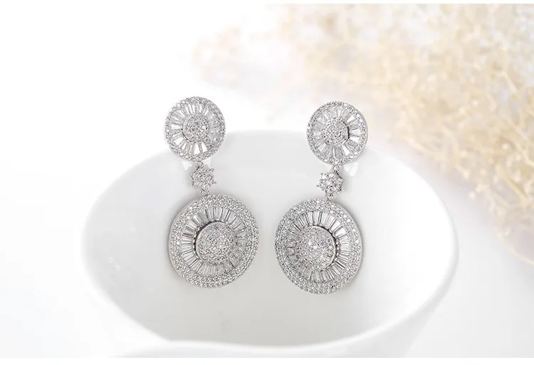 LUOTEEMI New Luxury Noble Dangle Shining CZ Crystal Double Round Brincos Statement Drop Earrings for Women Wedding Jewelry