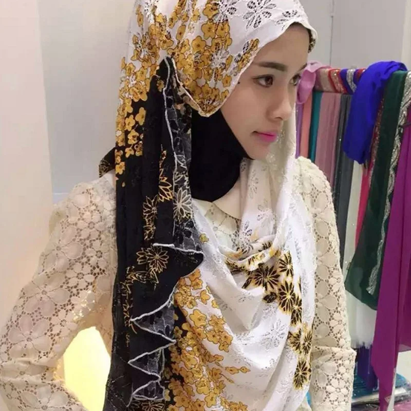 

New Fashion Muslim Hijab jersey Scarf Top Quality Hijab Turban Exquisite Chiffon Embroidery Flower Muslim Headscarf Women Shawl