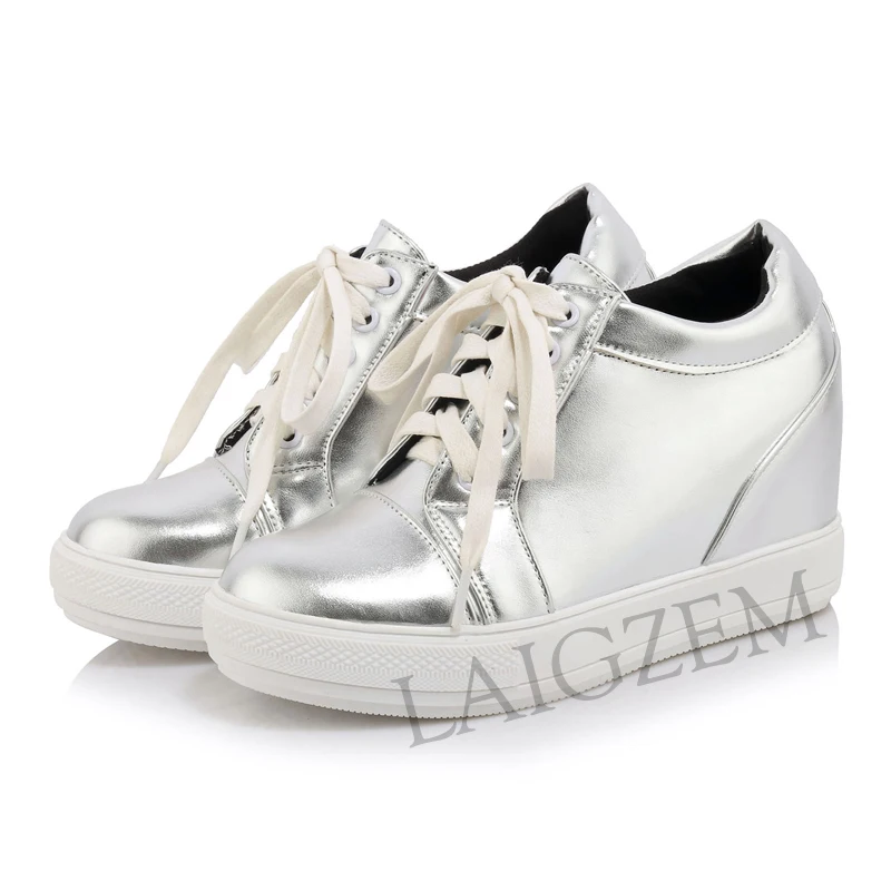

LAIGZEM NEW Women Sneakers Round Toe Wedge Height Increasing Casual Boots Shoes Woman Chaussure Sapato Feminino Large Size 33-45