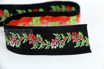 

3.5cm 36mm 1-1/2' Quality Thick Strong Black Bright Green Leaf Gradient Red Flowers Webbing Strap National Jacquard Ribbon Woven