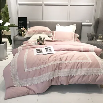 

Pink Khaki color luxury Lace Embroidery 80S Egyptian cotton Comfortable princess Bedding Set Duvet Cover Bed sheet Pillowcases