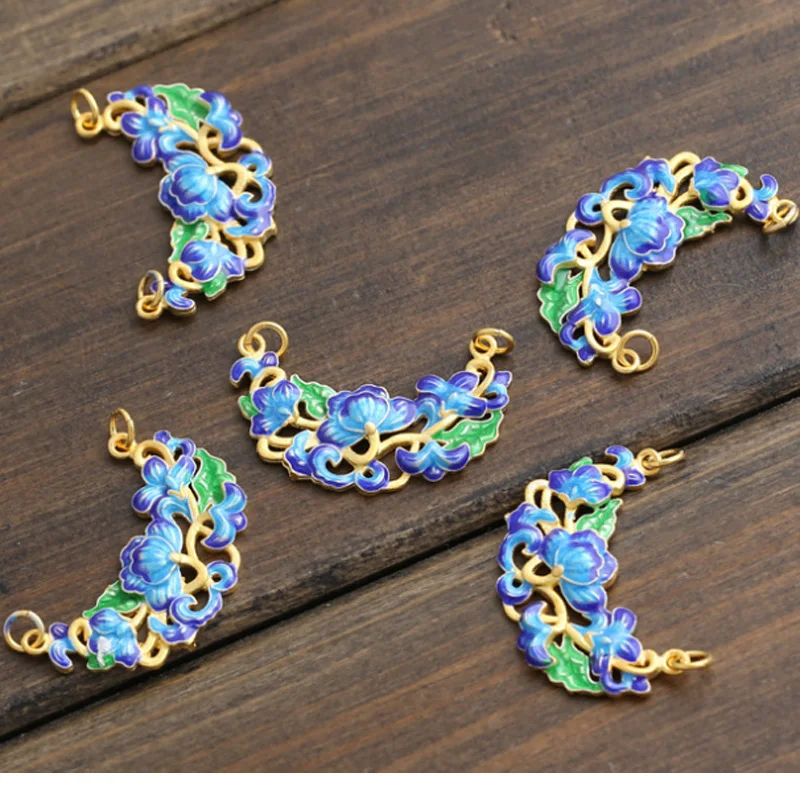 

Cloisonne pendant Gilded porcelain enamel blue clouds flowers connector for jewelry making 15*34mm 10pcs