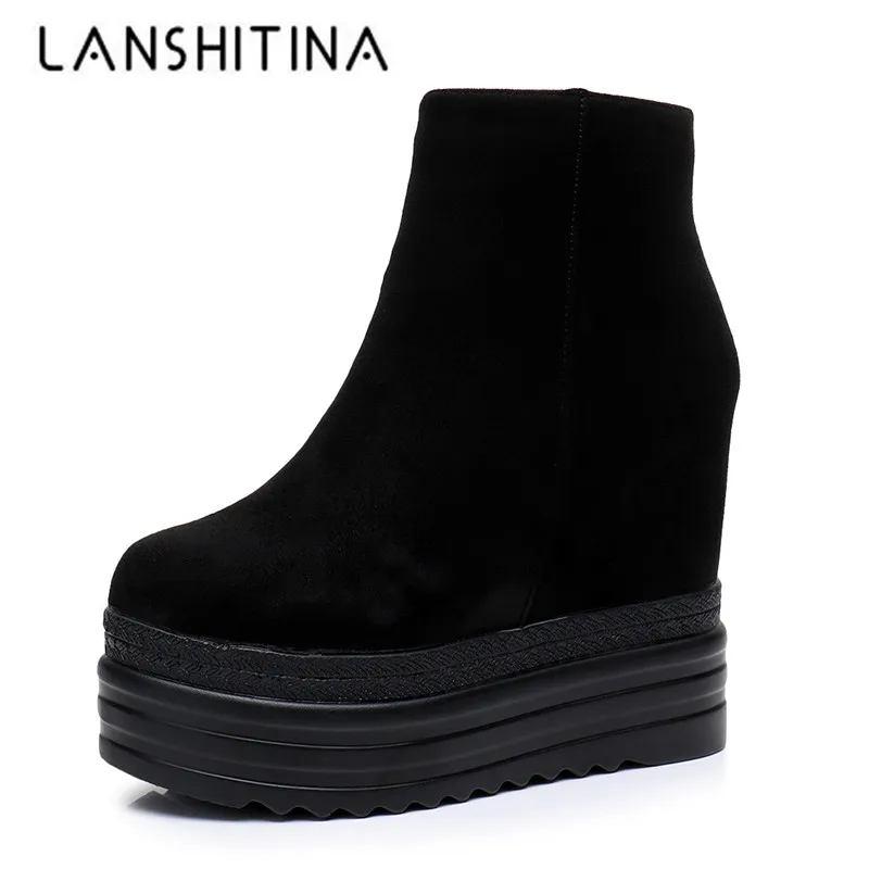 

2018 Autumn Women Ankle Boots Height Increased 12 CM Zipper Boots Plush Warm WINTER Boots Wedges Platform Shoes Sneakers Woman
