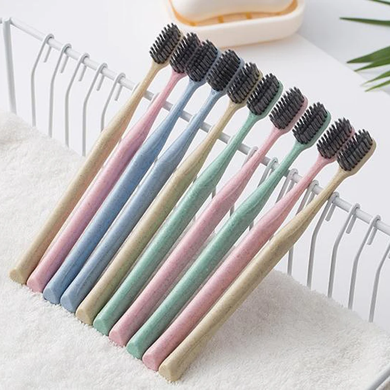 

DINIWELL 10Pcs Wheat Straw Toothbrush Oral Care Antibacterial Tooth brush With Black Heads Ultra Fine Soft Teeth Brush For Adult