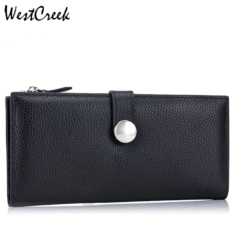 

WESTCREEK Brand Genuine Leather Women Fashion Silver Hasp Long Wallets Simple Litchi Pattern Female Purse Clutch Bag
