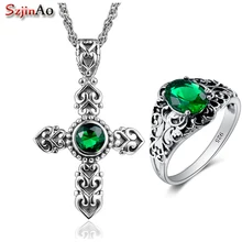 Szjinao ручной работы наборы свадебных ювелирных изделий Крест изумруд Strerling серебряное кольцо/кулон наборы для женщин Серебряные Ювелирные наборы