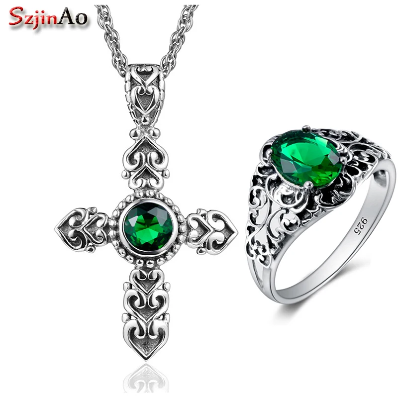 

Szjinao Handmade Wedding Jewelry Sets Cross Emerald Strerling Silver Ring /Pendant Sets for Women Silver Jewelry Sets