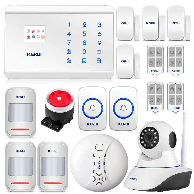 KERUI 8218G домашняя сигнализация Двойная сеть GSM PSTN система безопасности с датчиком дыма движения Детектор кнопка SOS и IP камера безопасный - Цвет: WHITE