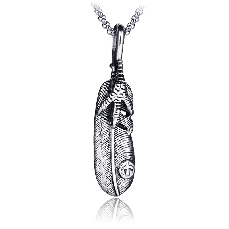 

HENGKE Hip Hop Silver Color Stainless Steel Ice Out Stereoscopic Eagle Claws and Feathers Pendants Necklace for Men Jewelry
