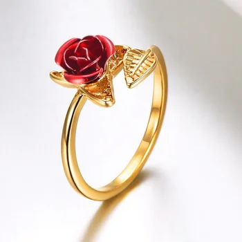 

Valentine's Day Gift Jewelry Hot Sale Open Ring Gifts Red Rose Garden Flower Leaves Elegant Resizable Finger Rings for Women