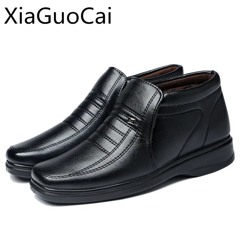 

High Qulaity Men Leather Winter Boots High Top Waterproof Pu Leather Dress Shoes with Fur Pointed Toe Father Shoes Z454 35