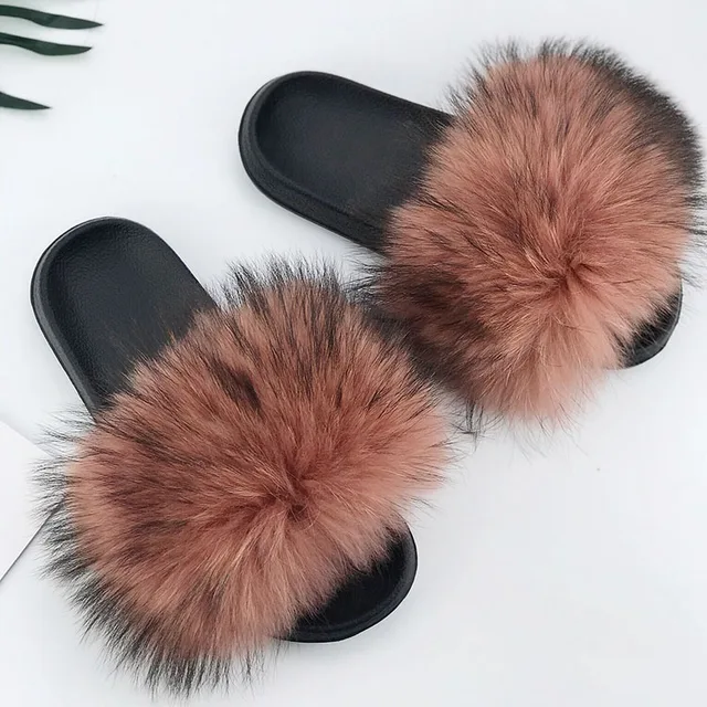 28 Colors Real Fur Slippers Women Fox Fluffy Sliders Comfort with Feathers Summer Flats Sweet Ladies Shoes