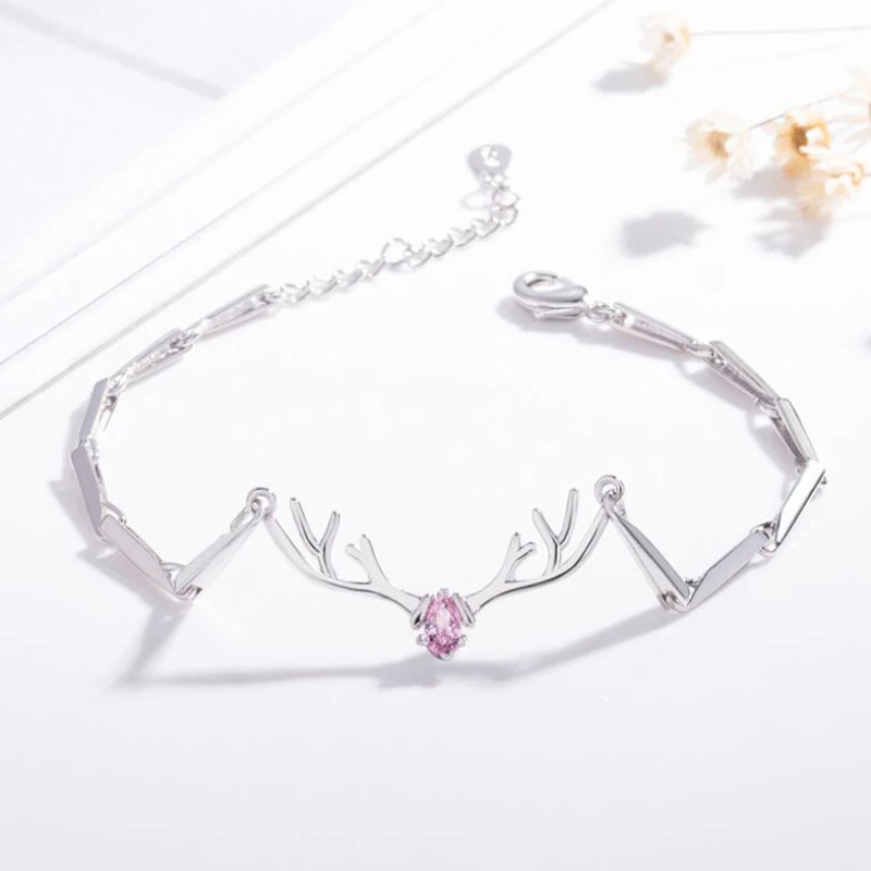 

2019 Trendy 925 Silver Bracelets For Women Anniversary Jewelry Popular Pink Crystal Antler Bangles Girl Holiday Party Accessorie