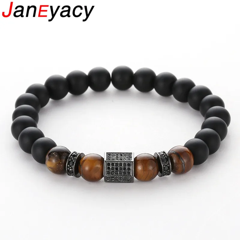 

Janeyacy 2018 Fashion Brand Bracelet 8mm Frosted Stone Beads Bracelet Women 4 Color Zircon Tiger Eye Stone Bracelet Men Pulseras