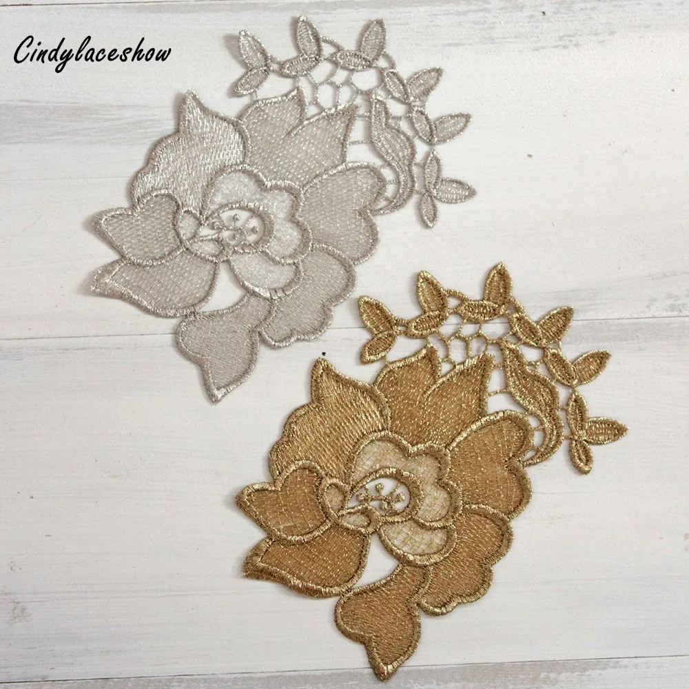 1PC Silver Gold Embroidered Flower Patches Sew On Lace Appliques Hair