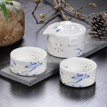 

Green Flower Porcelain blue and white Porcelain quik cup Ling lung tea sets rice-pattern decorated teacup hollow out teapot
