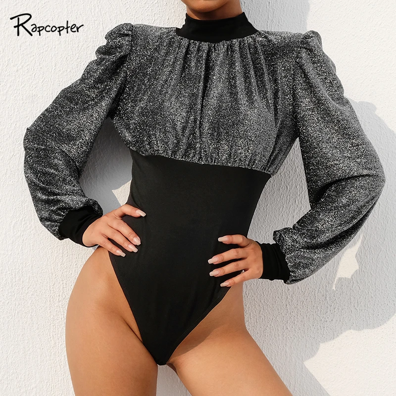 

Rapcopter Womens Casual Skinny Bodysuits Patchwork Streetwear Fashion Popular Body Jumpsuits Long Sleeve High Waist Pop Bodysuit