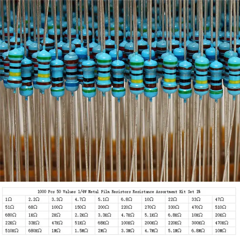 1000 шт. 50 значений 1/4W металлический пленочный сопротивление резисторов Ассортимент Комплект 1% пленочный резистор Наборы электрический
