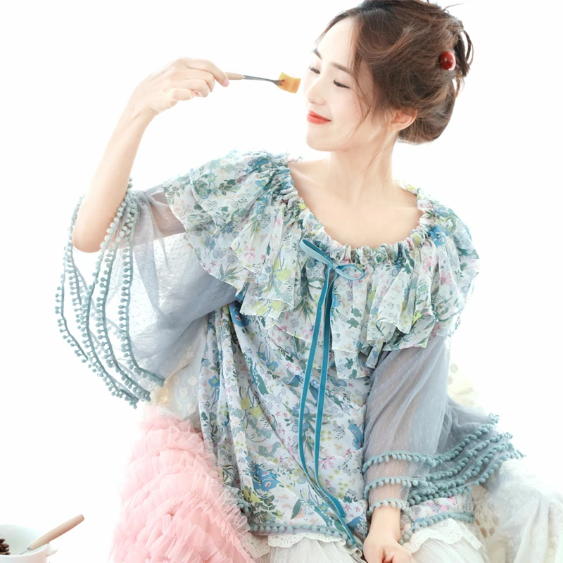 

Japanese Mori Girl Sweet O-neck Shirt Flare Sleeve Ruffles Chiffon Lace Shirt Blouse Cute Lolita Summer Women Shirt Tunic Coat