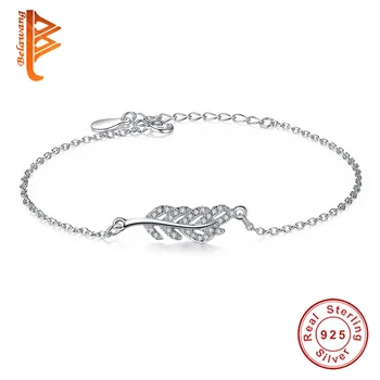 

BELAWANG Genuine 925 Sterling Silver Leaf Chain Bracelets with Clear Crystal for Women Spring Collection Adjustable Bracelet