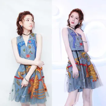 

2018 spring mesh embroidery women knee length dress V neck waistband ball grown young lady dress vestido party dress