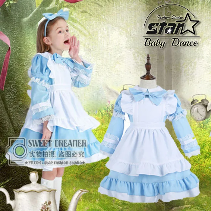 Детские костюмы на Хеллоуин Алиса в стране чудес костюм горничные Лолита нарядное платье для выступлений для детей S M L XL 2XL для девочек - Цвет: Синий