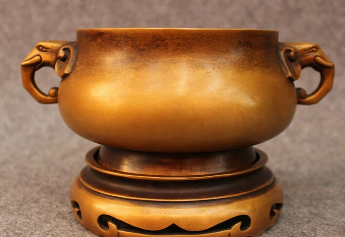 

S4074 8" Tibet Bronze Elephant Head Handle Statue Buddhism Jar Incense Burner Censer D0318
