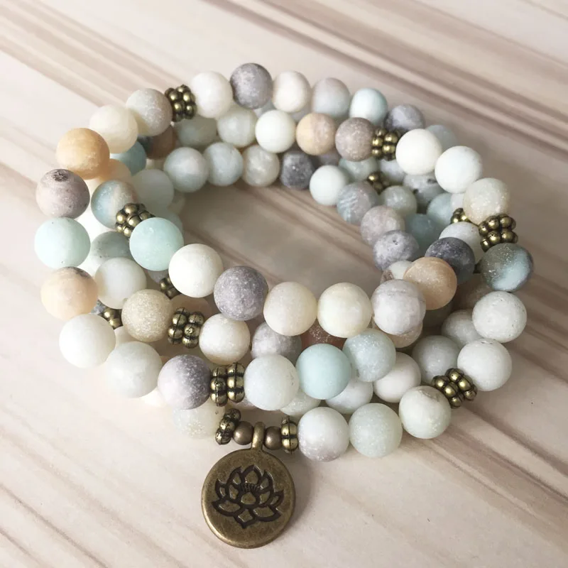 108 Prayer beads Mala Wrist For Unisex Men Matte Amazonite Stone Wraps